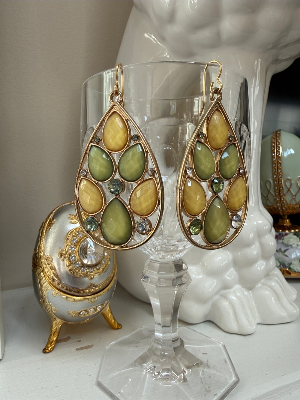 Anthropologie Gold Teardrop Earrings with Yellow and Olive Stones